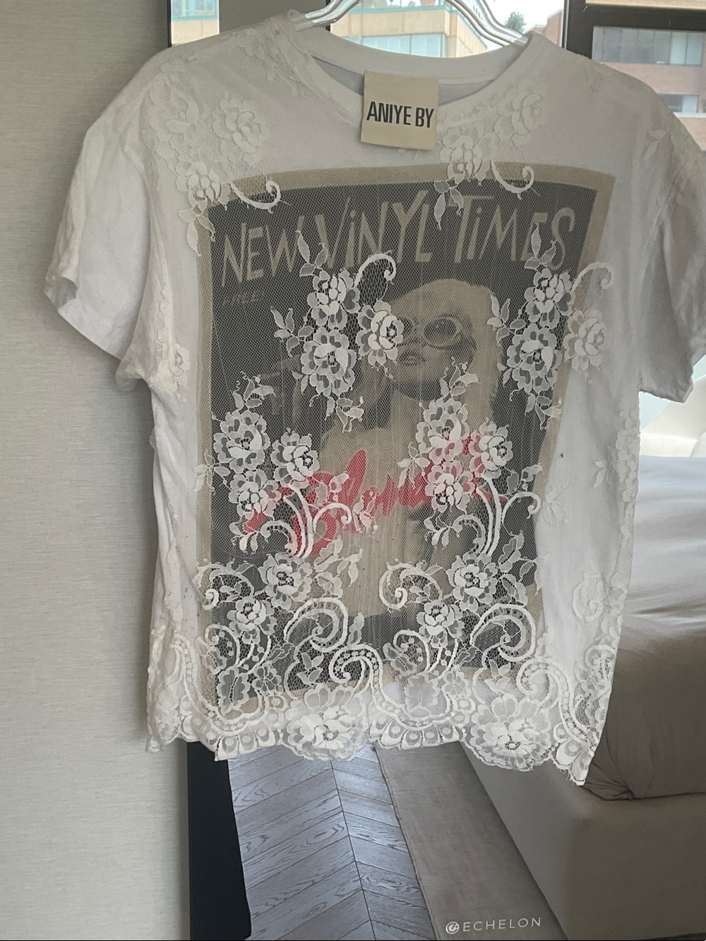 ANIYE BY Lace Overlay Graphic Tee — White with Pink Accent